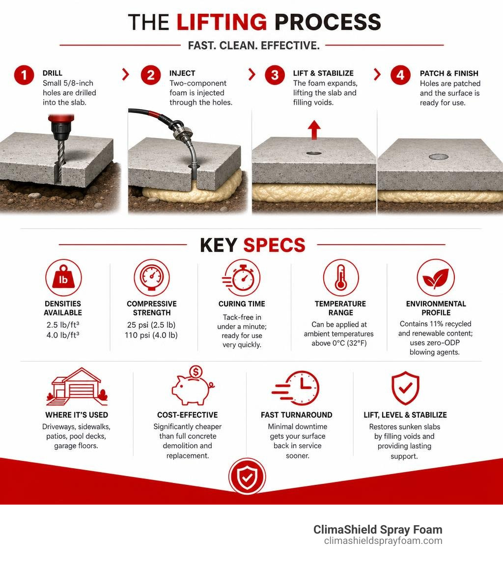 Infographic showing GeoLift foam concrete lifting process steps and key specs infographic Infographic showing GeoLift foam concrete lifting process steps and key specs infographic