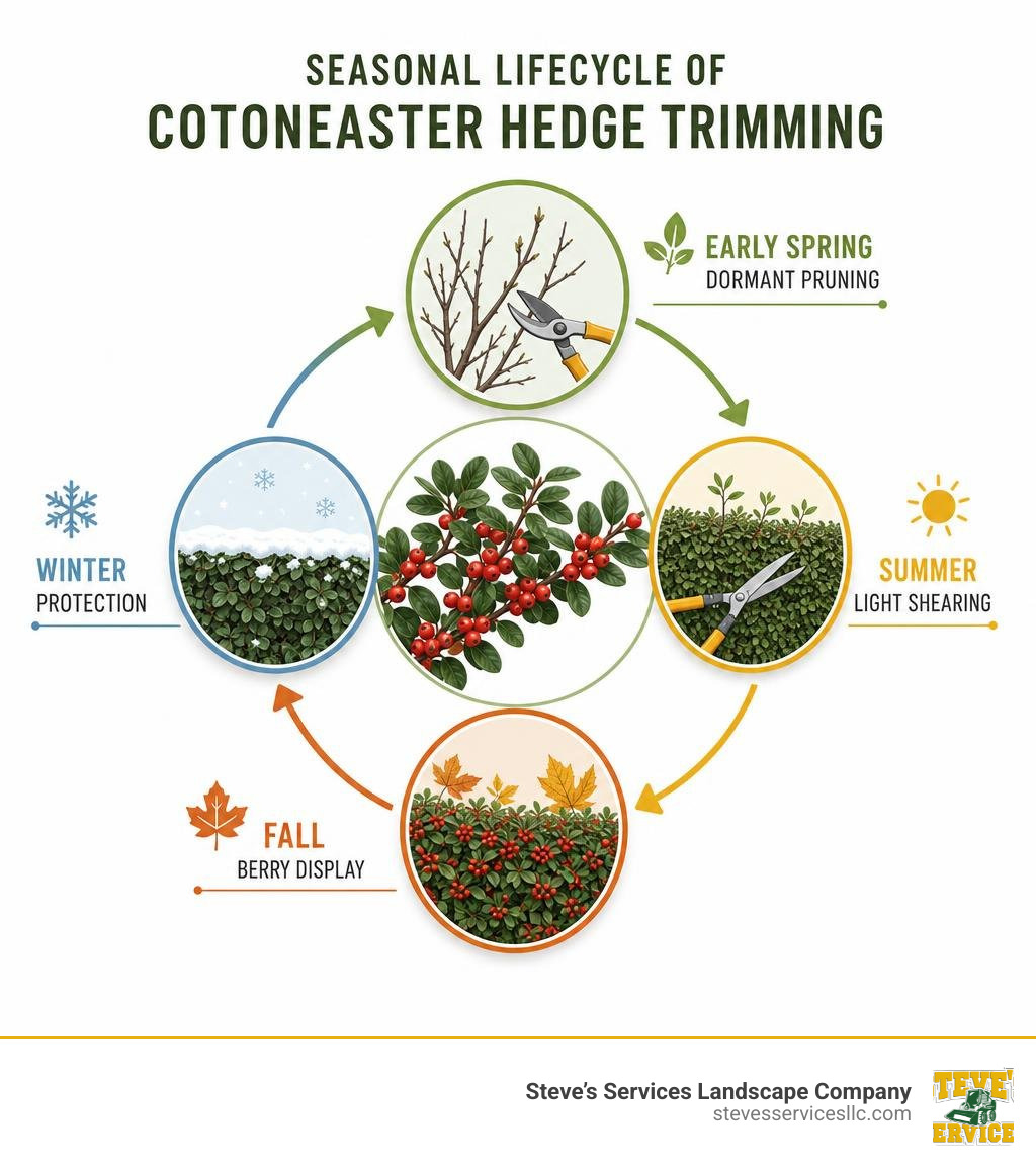 Seasonal lifecycle of cotoneaster hedge trimming: early spring dormant pruning, summer light shearing, fall berry display Seasonal lifecycle of cotoneaster hedge trimming: early spring dormant pruning, summer light shearing, fall berry display