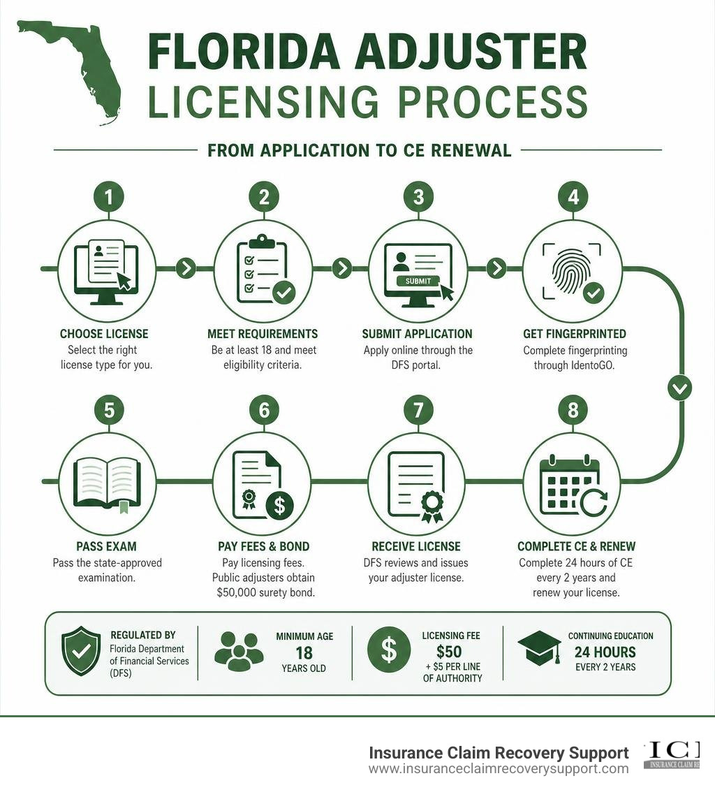 Florida adjuster licensing process infographic showing steps from application to CE renewal infographic Florida adjuster licensing process infographic showing steps from application to CE renewal infographic