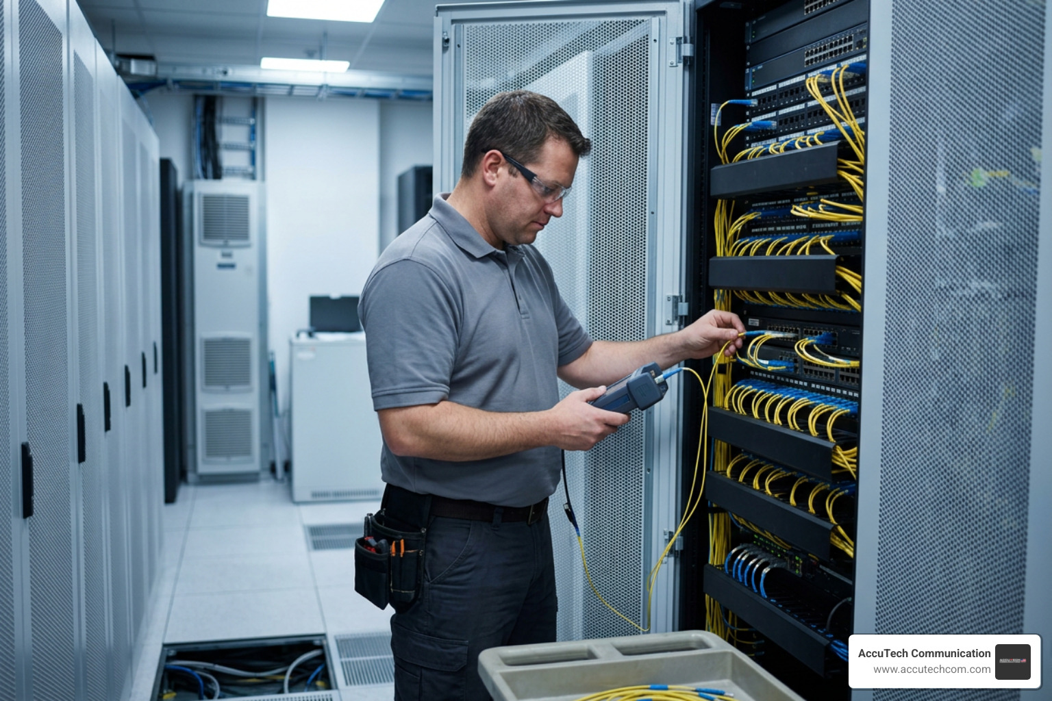 Network technician testing fiber optic connections with diagnostic equipment