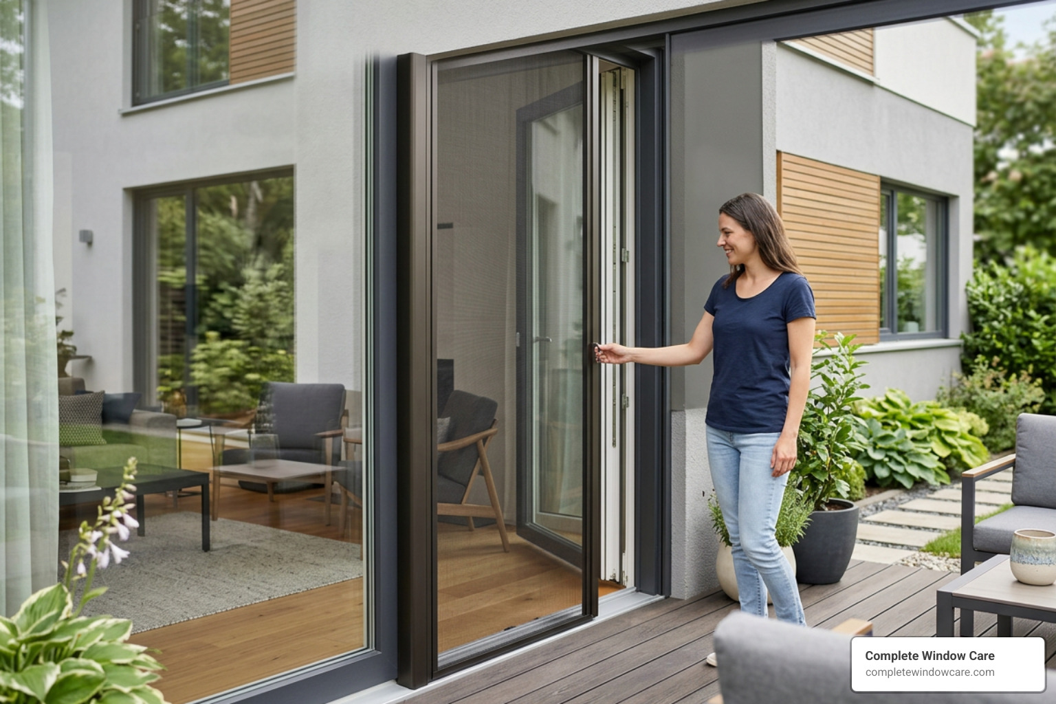 A modern retractable screen door retracting smoothly into its side housing