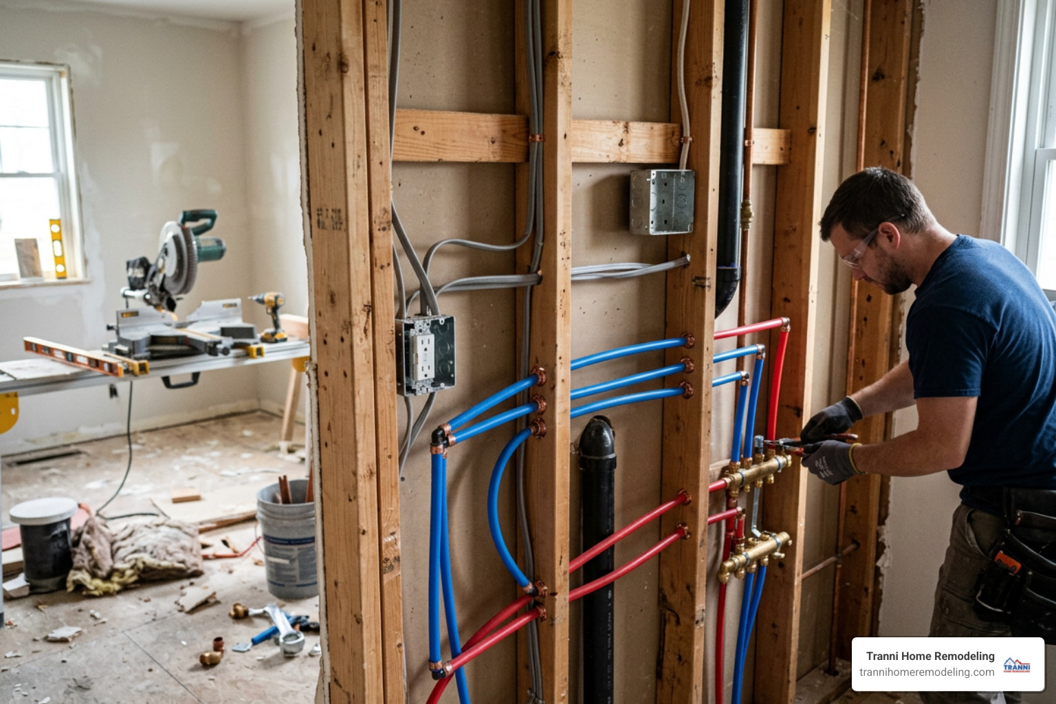 A kitchen remodel in progress showing exposed wall studs, electrical wiring, and new blue and red PEX water supply lines A kitchen remodel in progress showing exposed wall studs, electrical wiring, and new blue and red PEX water supply lines