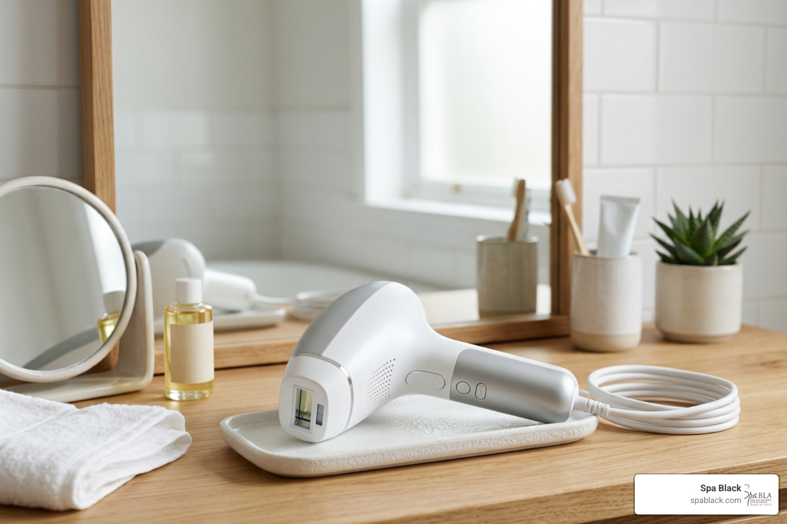 Modern IPL Device by Ulike: An IPL hair removal device on a vanity table; Fair Use Modern IPL Device by Ulike: An IPL hair removal device on a vanity table; Fair Use