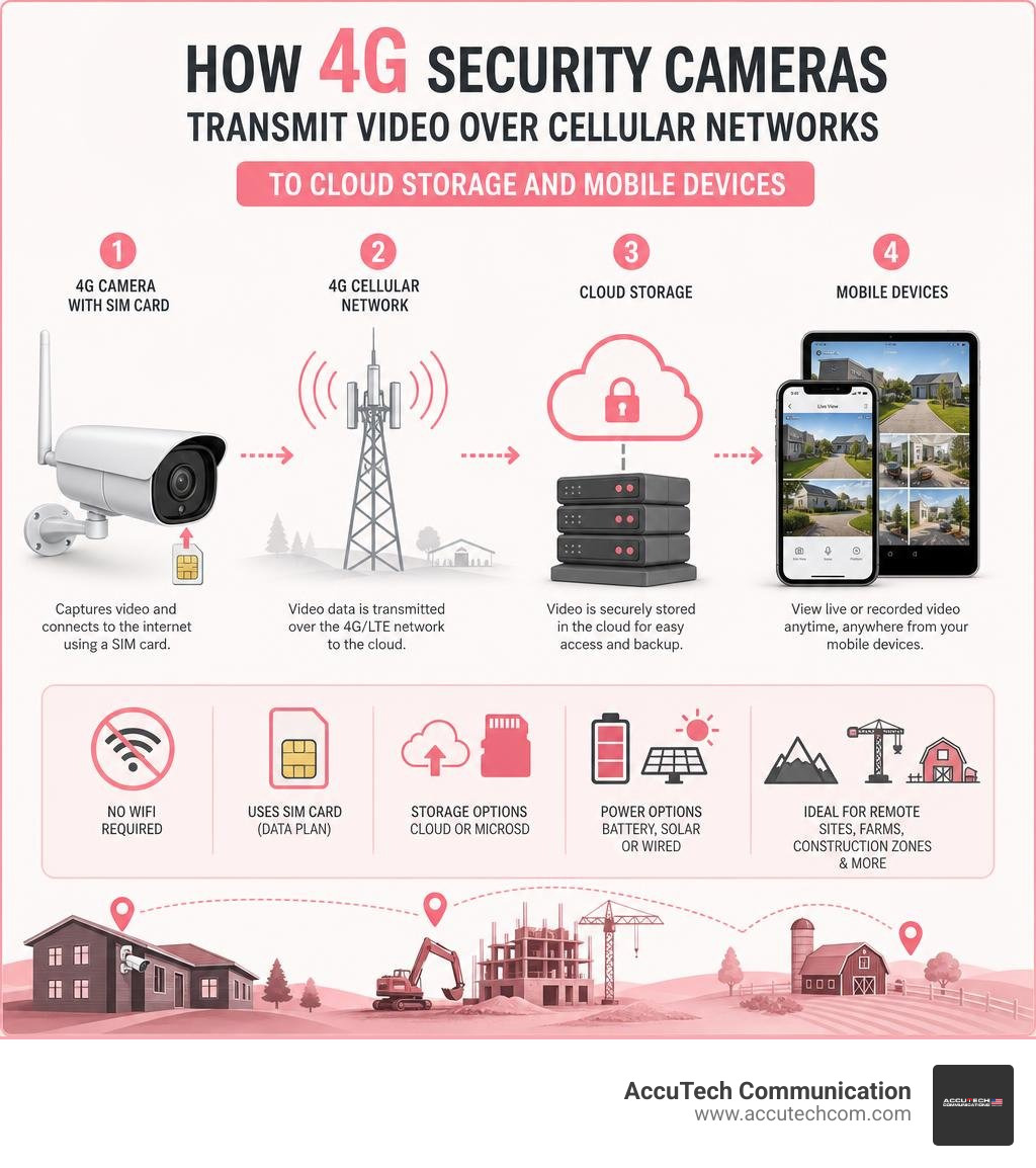 How 4G security cameras transmit video over cellular networks to cloud storage and mobile devices infographic