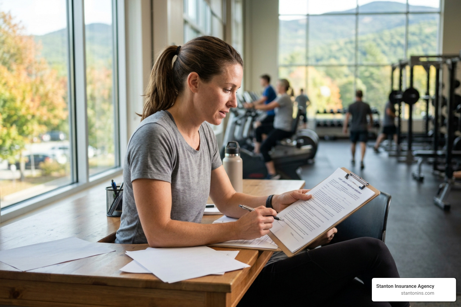 A fitness instructor in New Hampshire reviewing a client liability waiver and insurance contract