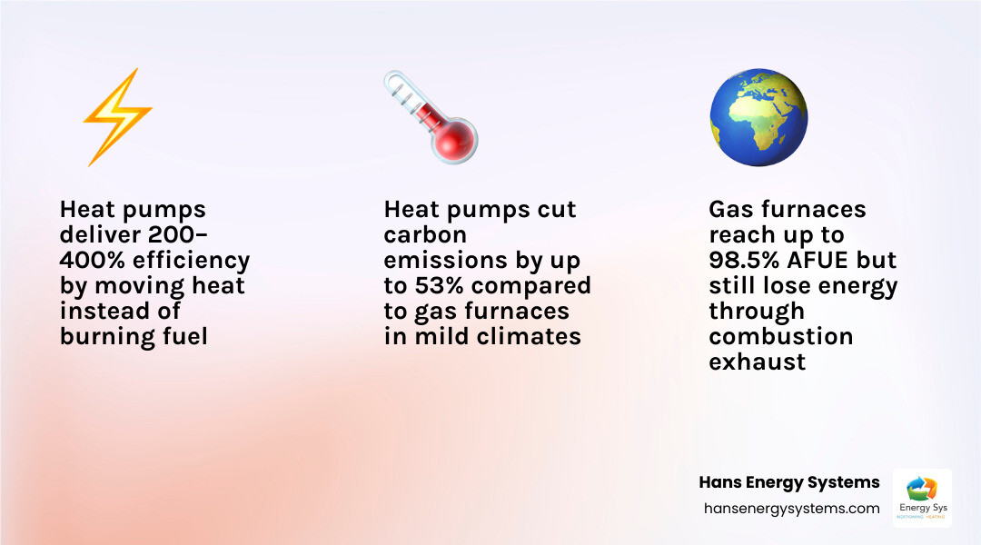 Infographic comparing heat pump vs furnace: efficiency ratings, climate fit, costs, emissions, and lifespan infographic