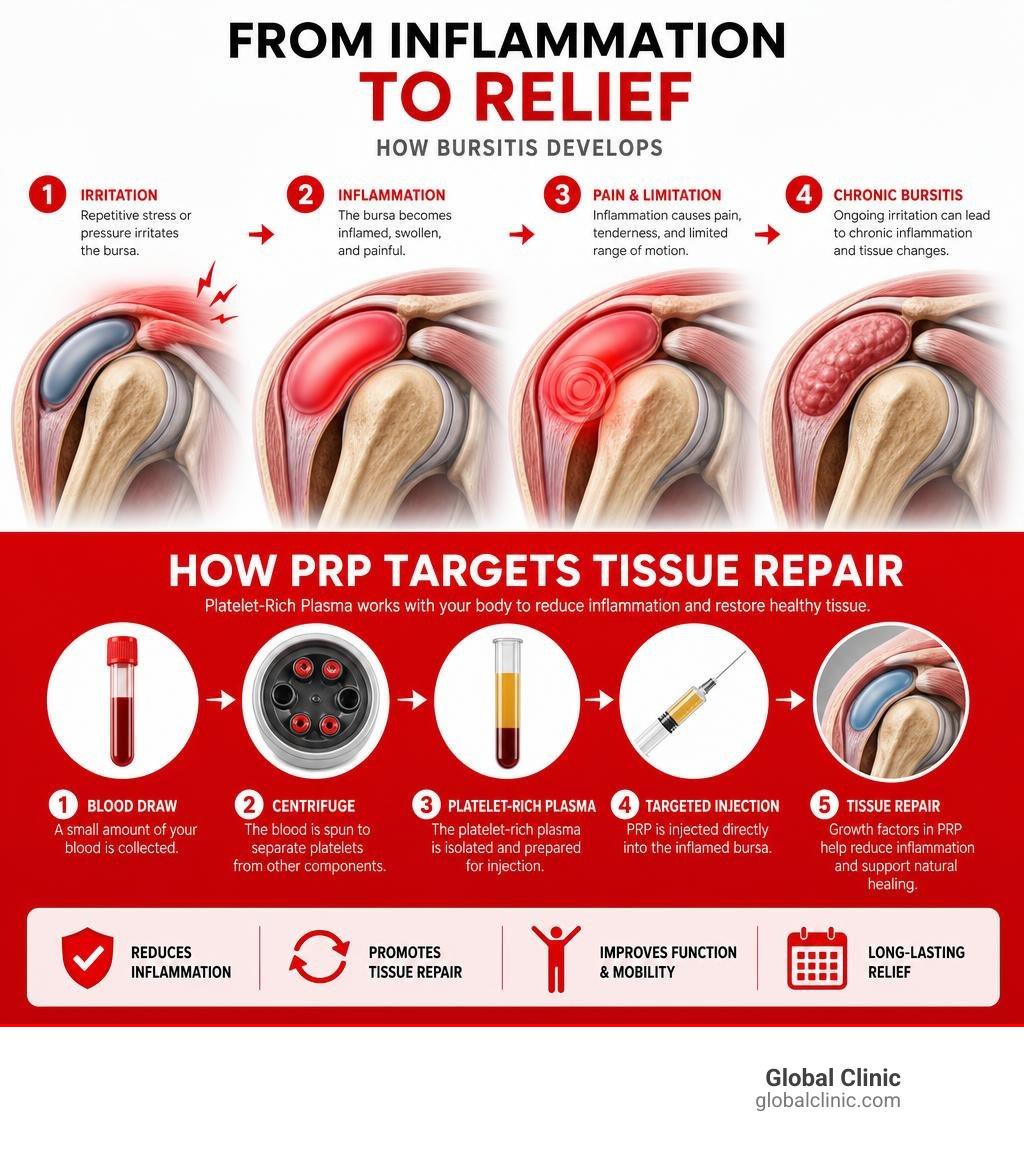 Infographic showing how bursa inflammation develops and how PRP targets tissue repair infographic