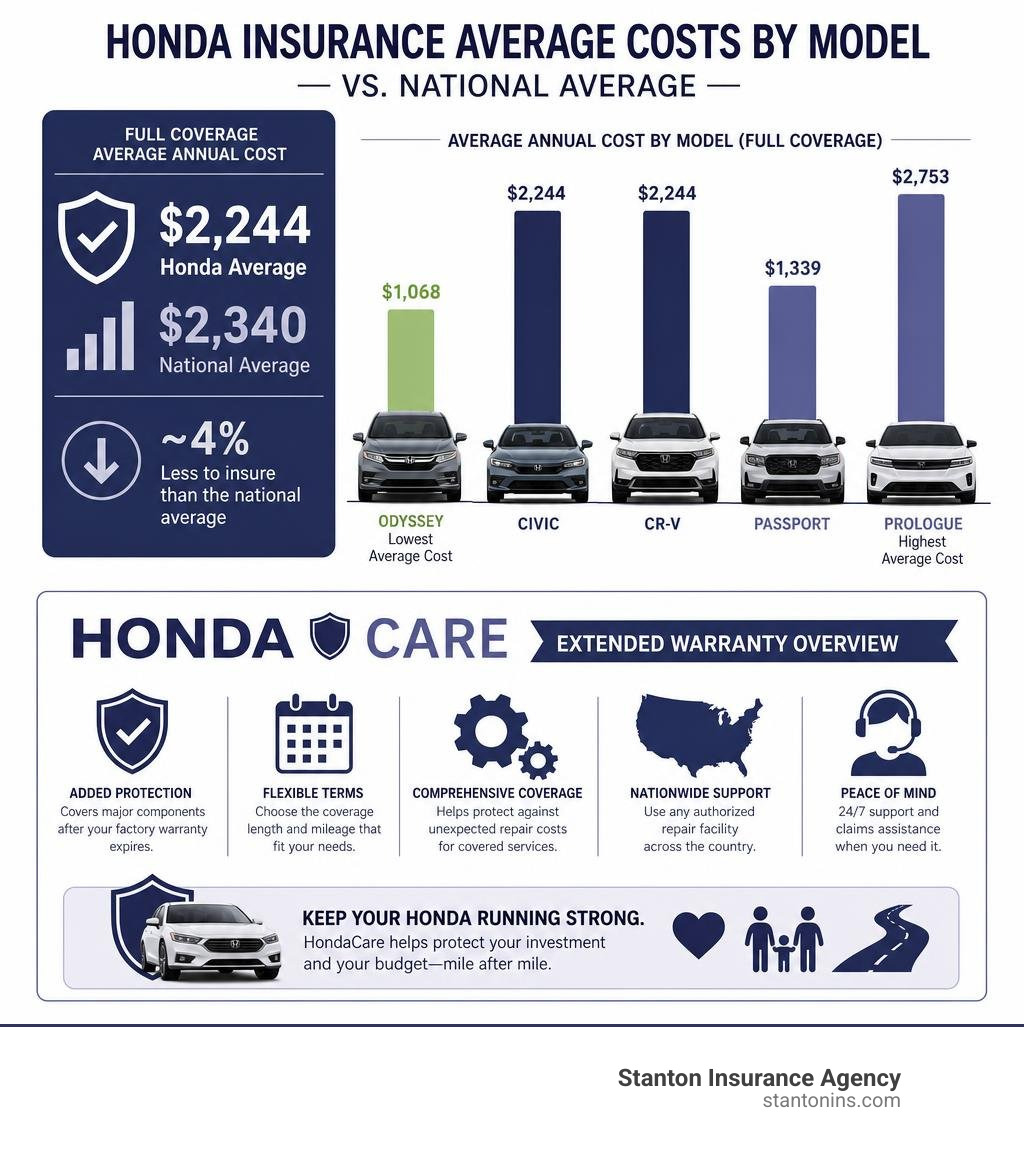 Comparison infographic: Honda insurance average costs by model vs. national average and HondaCare extended warranty overview