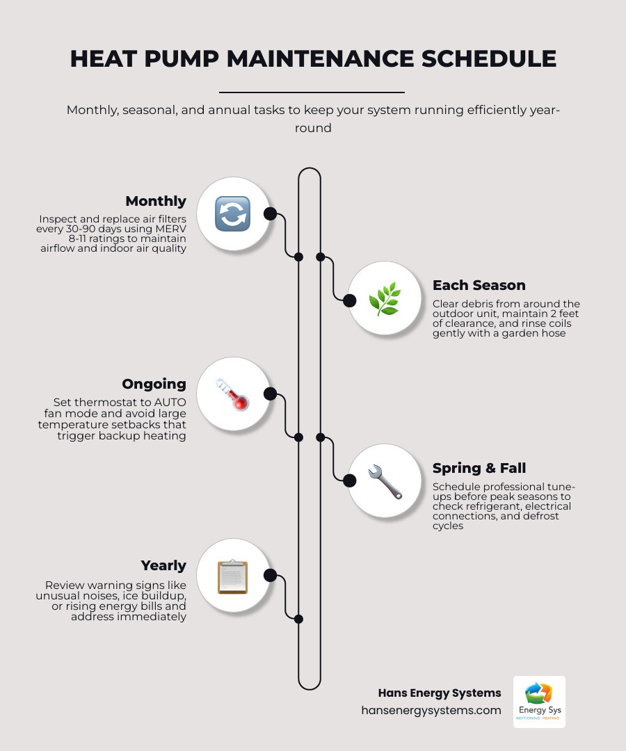 Infographic showing heat pump maintenance schedule with monthly, seasonal, and annual tasks for homeowners infographic Infographic showing heat pump maintenance schedule with monthly, seasonal, and annual tasks for homeowners infographic