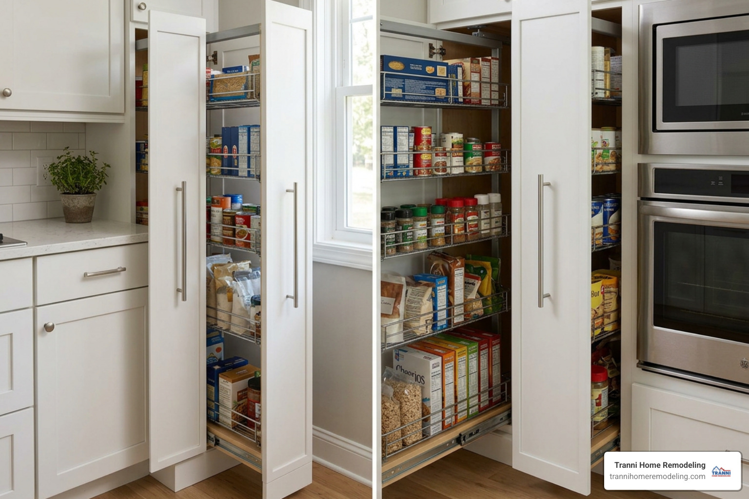 tall pull-out built-in pantry in a compact kitchen