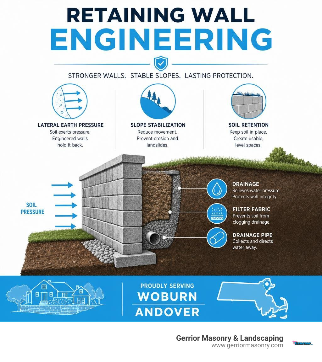 Infographic: retaining wall engineering — lateral earth pressure, slope stabilization, soil retention, Woburn, Andover