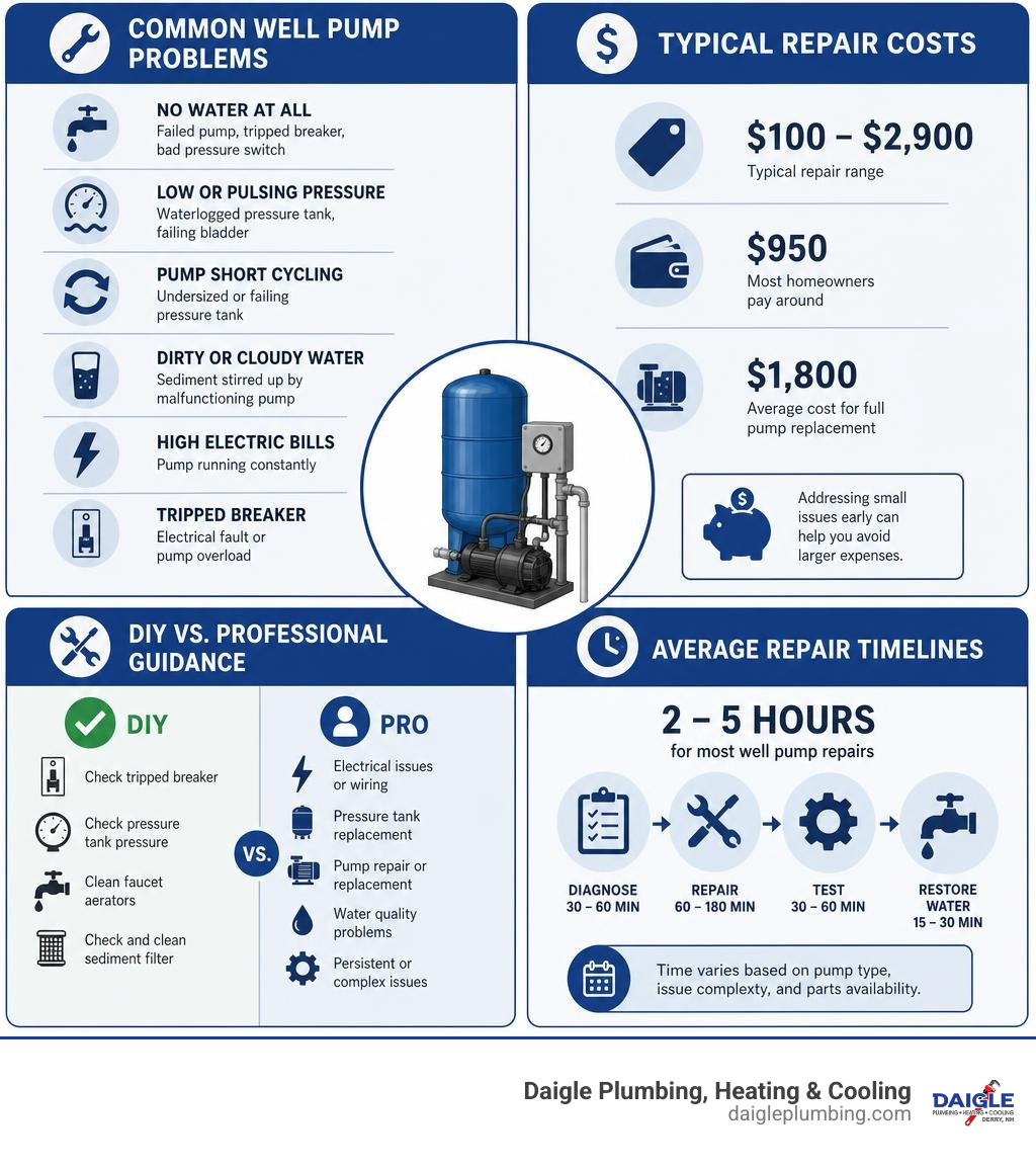 Infographic showing common well pump problems, typical repair costs, DIY vs professional guidance, and average repair Infographic showing common well pump problems, typical repair costs, DIY vs professional guidance, and average repair