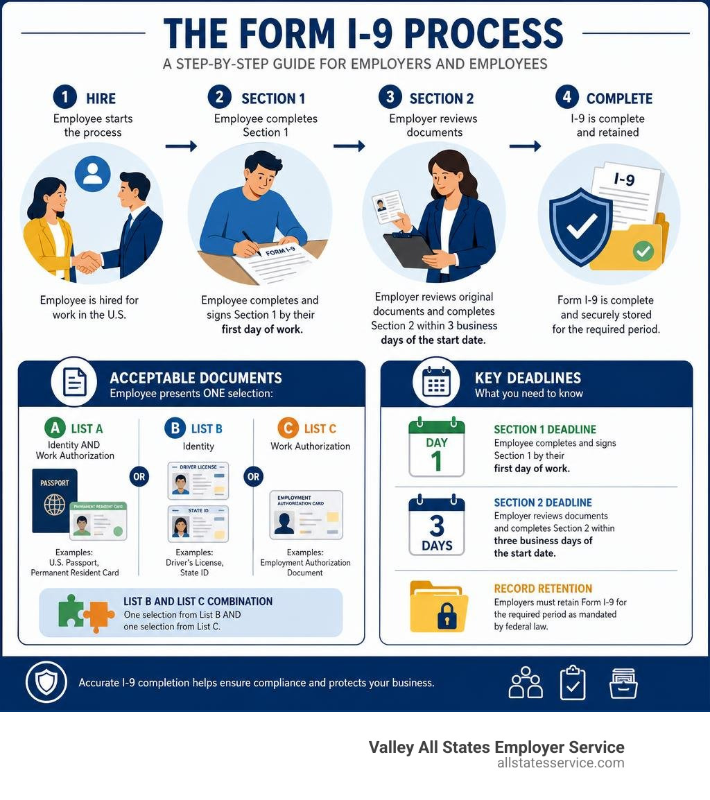 Step-by-step Form I-9 process infographic showing Section 1, Section 2, document lists, and deadlines infographic
