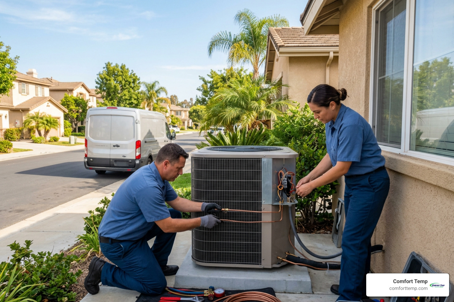 commercial HVAC technician in a dark blue uniform inspecting an outdoor cooling system commercial HVAC technician in a dark blue uniform inspecting an outdoor cooling system