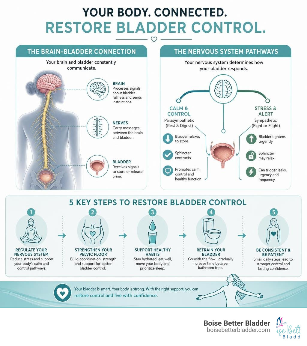 Infographic showing brain-bladder connection, nervous system pathways, and key steps to restore bladder control for women