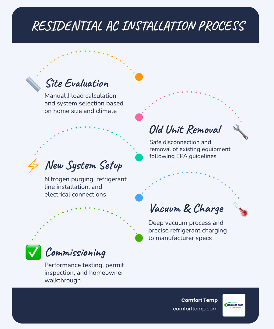 Infographic showing components of a residential split-system central air conditioner installation process and 2026 cost Infographic showing components of a residential split-system central air conditioner installation process and 2026 cost