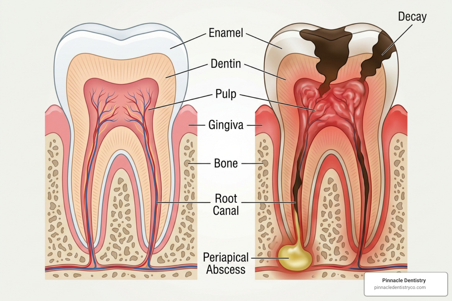 Anatomy of a healthy tooth versus an infected tooth needing a root canal Anatomy of a healthy tooth versus an infected tooth needing a root canal