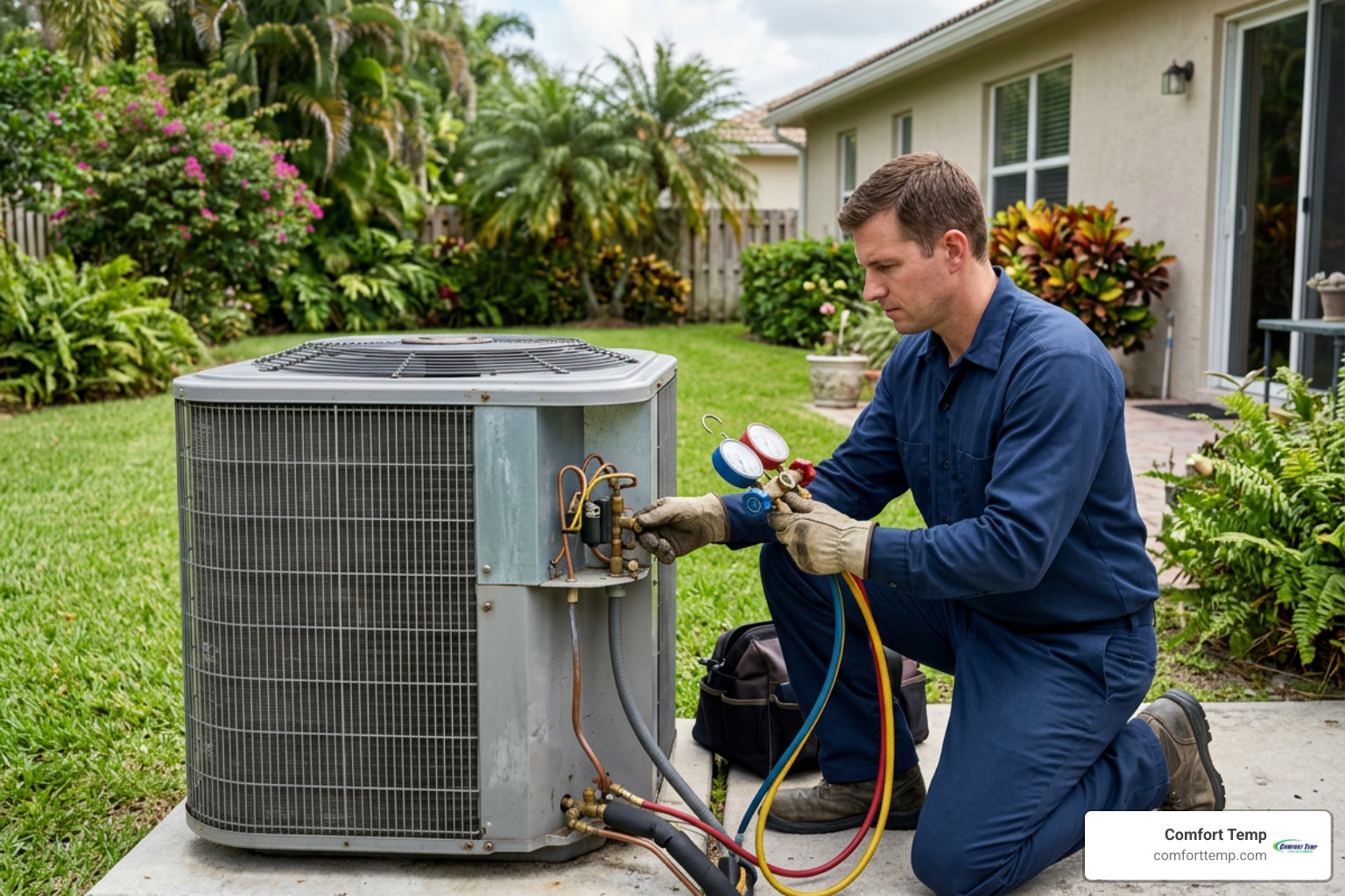 technician in dark blue uniform with no logos checking refrigerant lines on outdoor condenser unit technician in dark blue uniform with no logos checking refrigerant lines on outdoor condenser unit