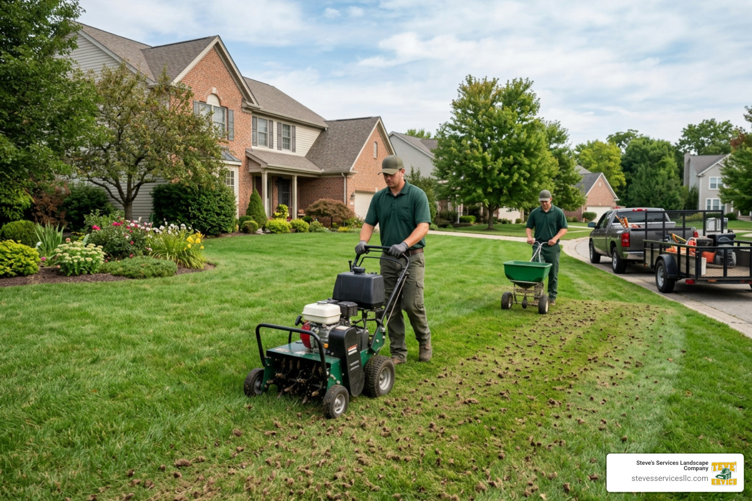 Professional lawn core aeration and overseeding in progress