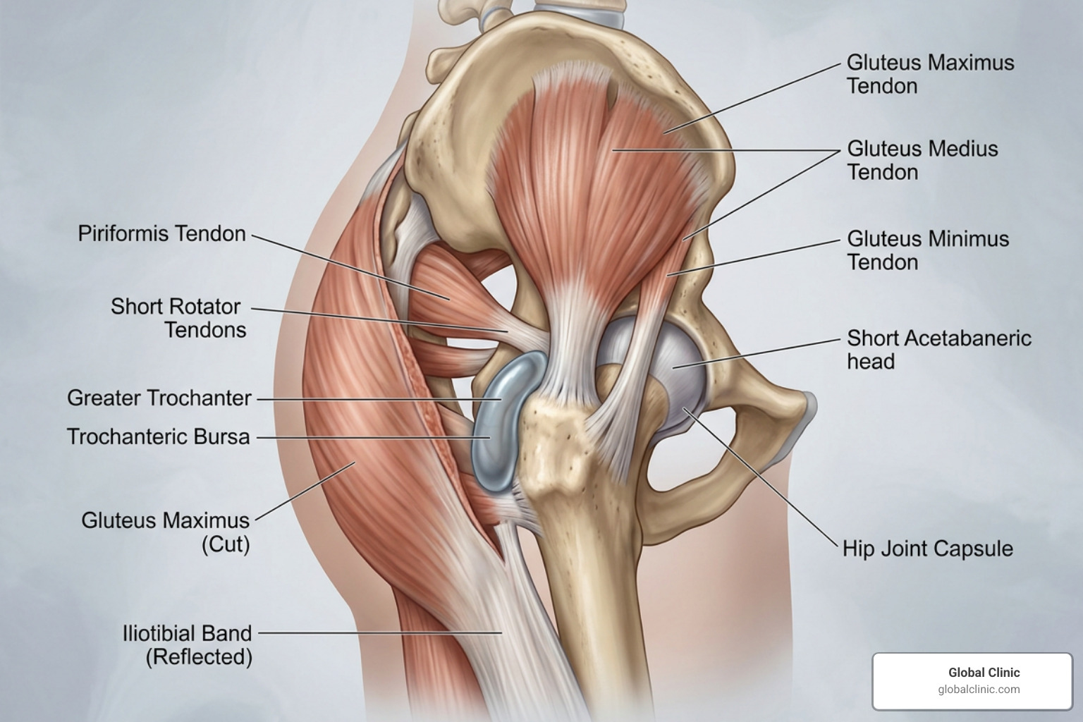 Anatomy of the hip joint showing the trochanteric bursa and surrounding gluteal tendons