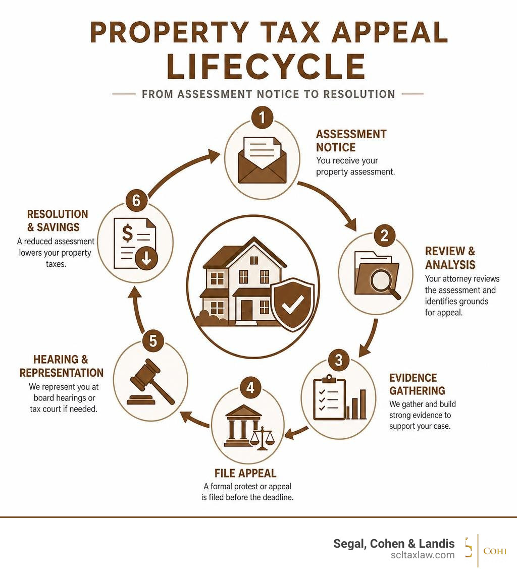 Infographic showing the property tax appeal lifecycle from assessment notice to resolution infographic