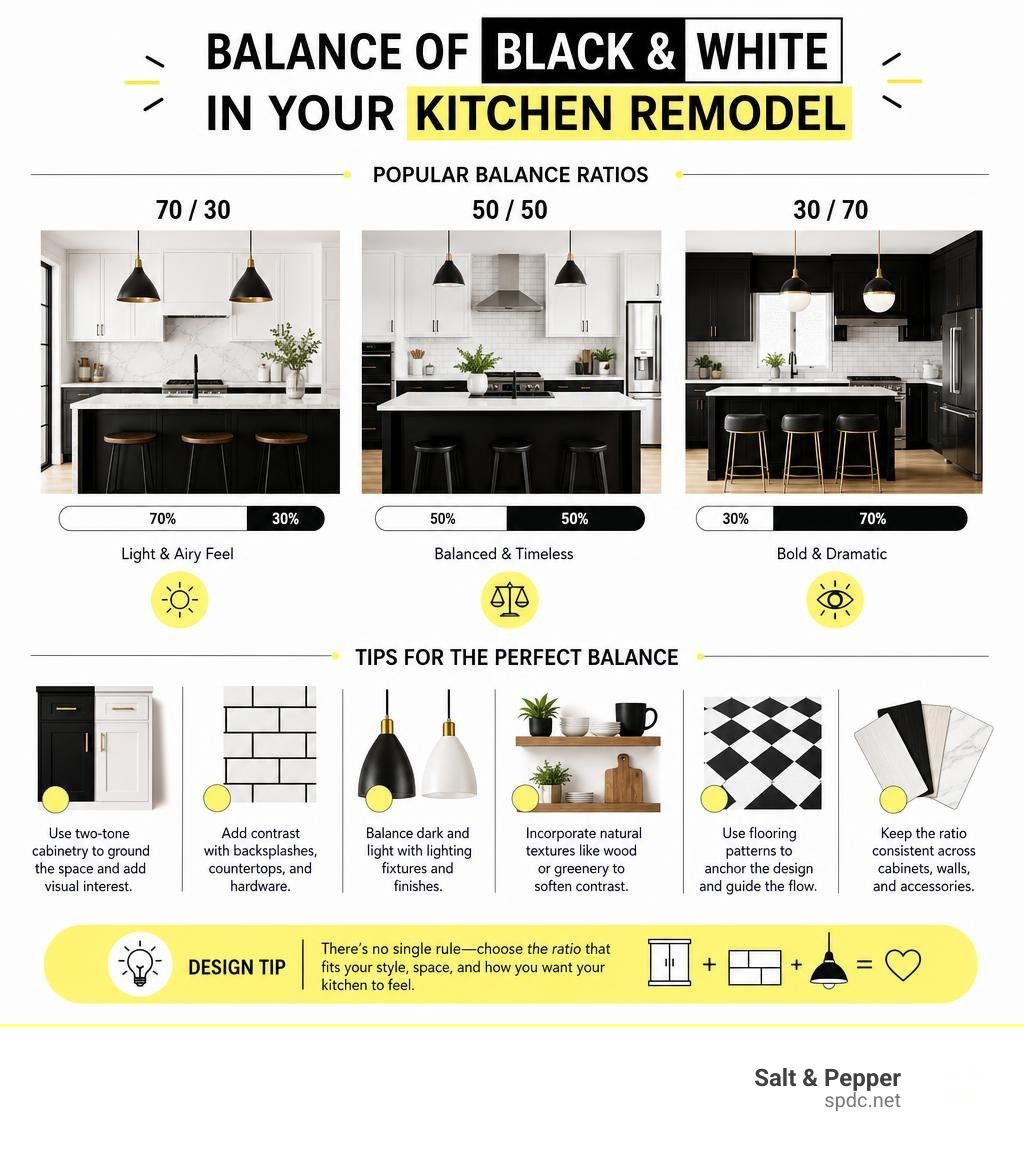 infographic showing balance of black and white elements in a kitchen remodel with ratios and tips infographic