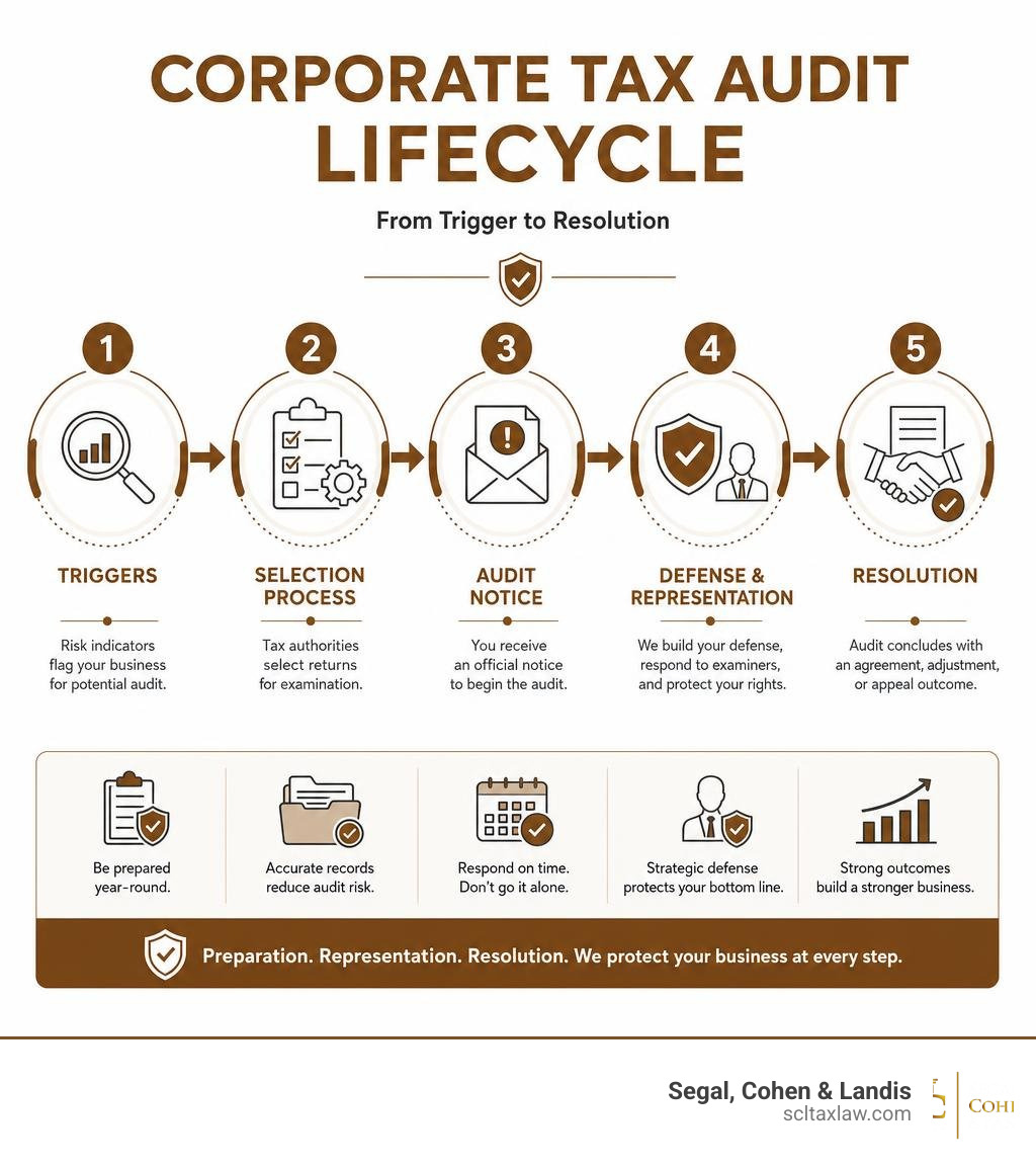 Corporate tax audit lifecycle infographic showing triggers, selection process, notice, defense, and resolution infographic