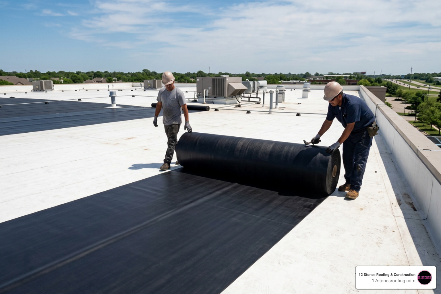 EPDM rubber roll being unrolled on a flat roof