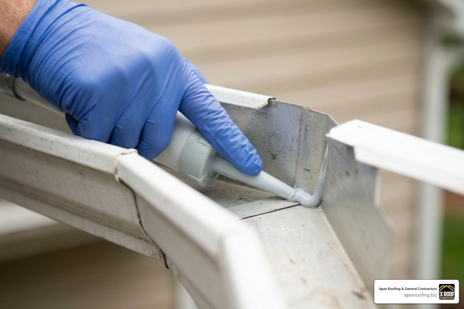 Applying sealant to the inside corner of a gutter miter joint