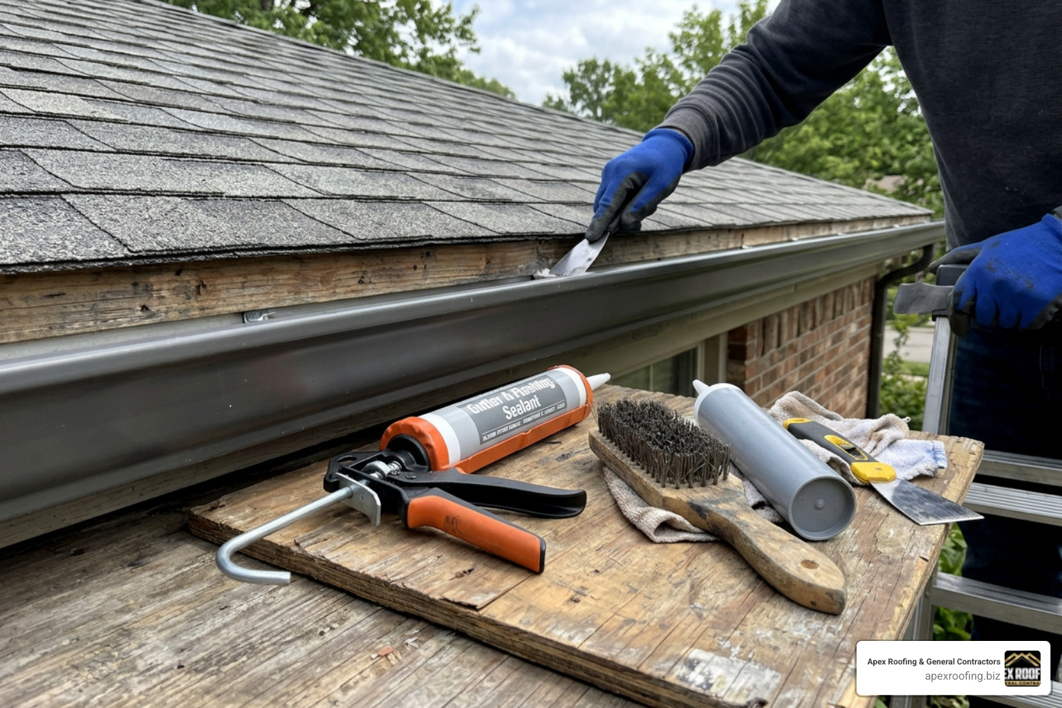 Essential tools for repairing gutter leaks including caulk gun, wire brush, and sealant