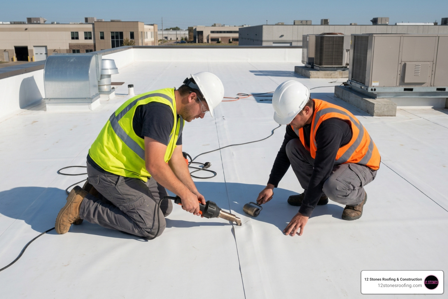 Commercial roofers heat-welding TPO seams on a flat roof