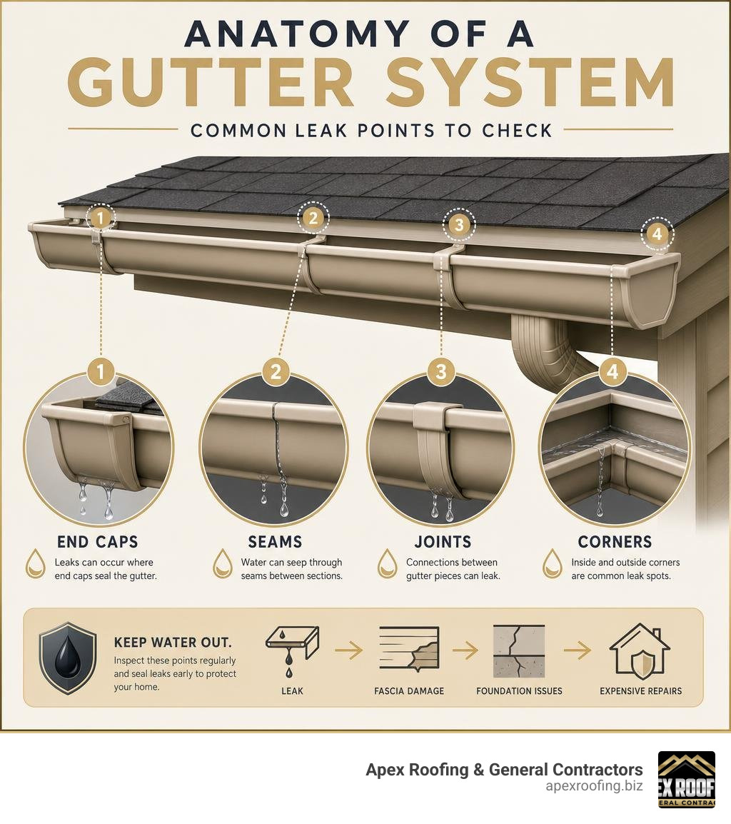 Anatomy of a gutter system showing common leak points at seams, joints, end caps, and corners infographic
