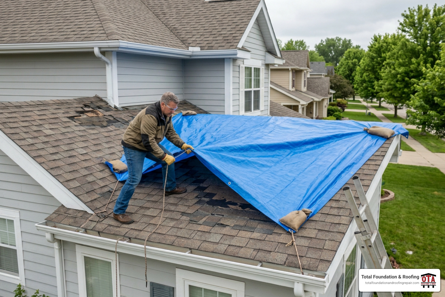 a homeowner safely applying a heavy-duty blue tarp to a damaged shingle roof a homeowner safely applying a heavy-duty blue tarp to a damaged shingle roof