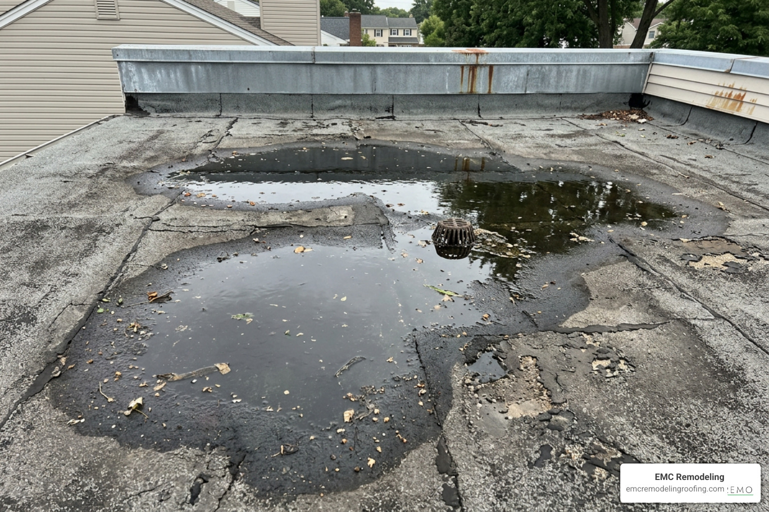 Ponding water pooling on a failing flat roof before conversion