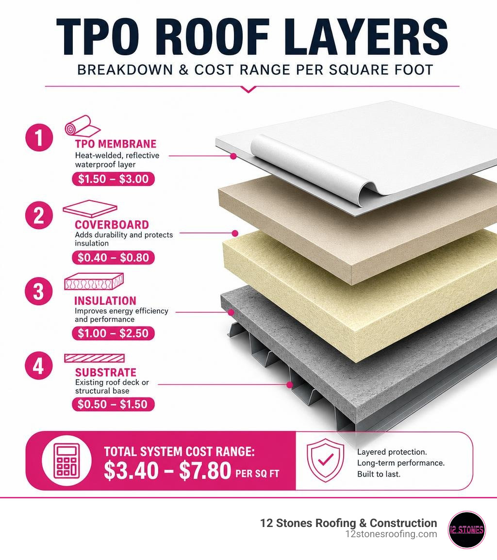 TPO roof layers infographic showing substrate, insulation, coverboard, and membrane with cost ranges per layer infographic