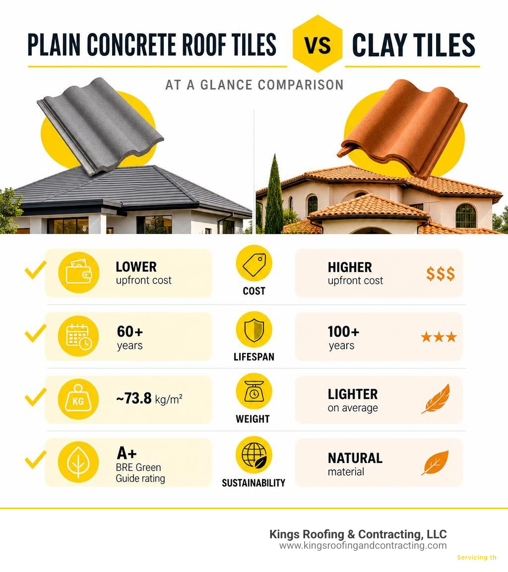 Infographic comparing plain concrete roof tiles vs clay tiles on cost, lifespan, weight, and sustainability infographic Infographic comparing plain concrete roof tiles vs clay tiles on cost, lifespan, weight, and sustainability infographic