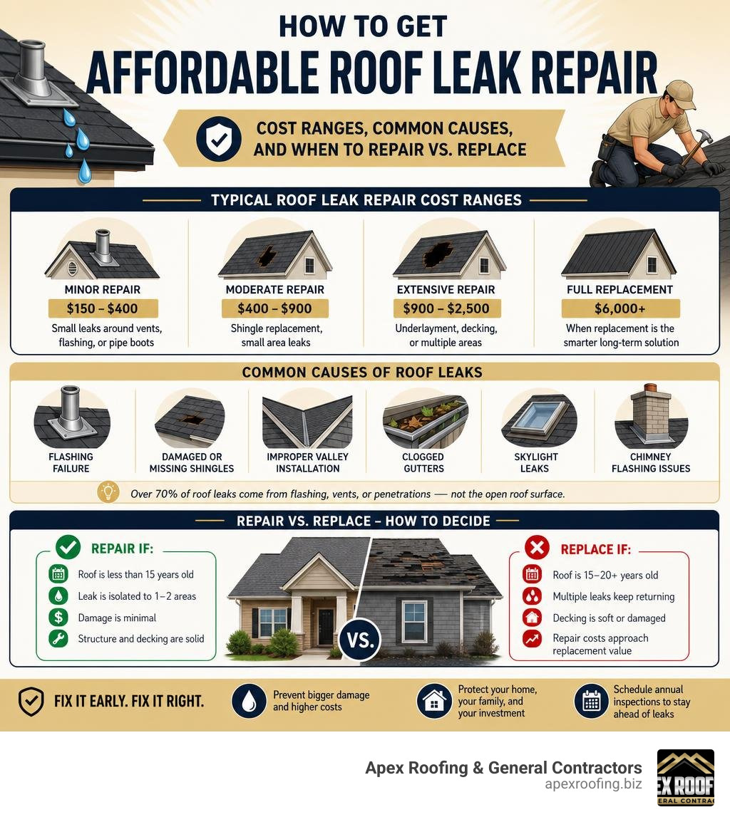 Infographic: How to get affordable roof leak repair - cost ranges, common causes, and when to repair vs. replace infographic