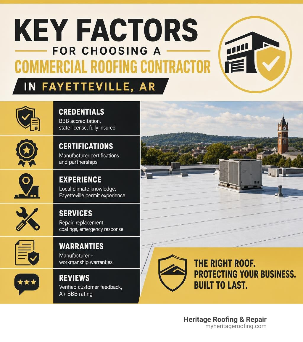 Key factors for choosing a commercial roofing contractor in Fayetteville AR infographic infographic