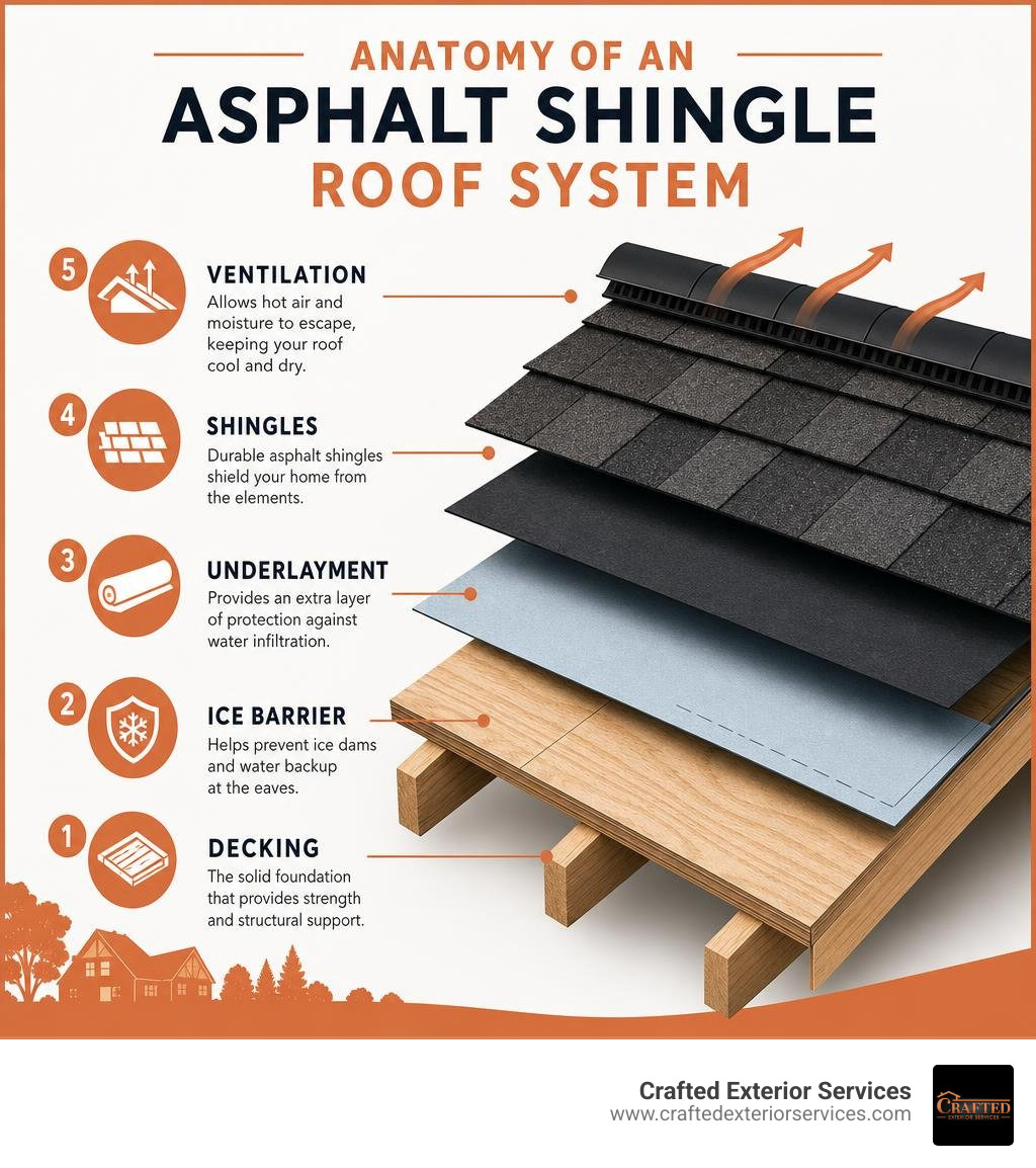 Anatomy of an asphalt shingle roof system showing decking, underlayment, ice barrier, shingles, and ventilation infographic Anatomy of an asphalt shingle roof system showing decking, underlayment, ice barrier, shingles, and ventilation infographic