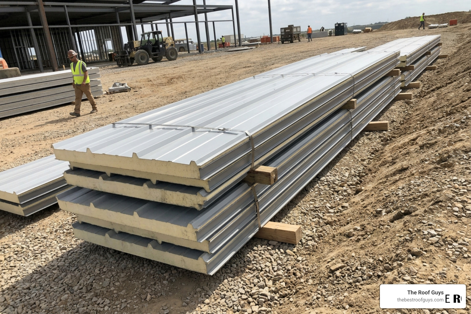 Safe on-site storage stack of insulated roof panels on a sloped, dry surface Safe on-site storage stack of insulated roof panels on a sloped, dry surface