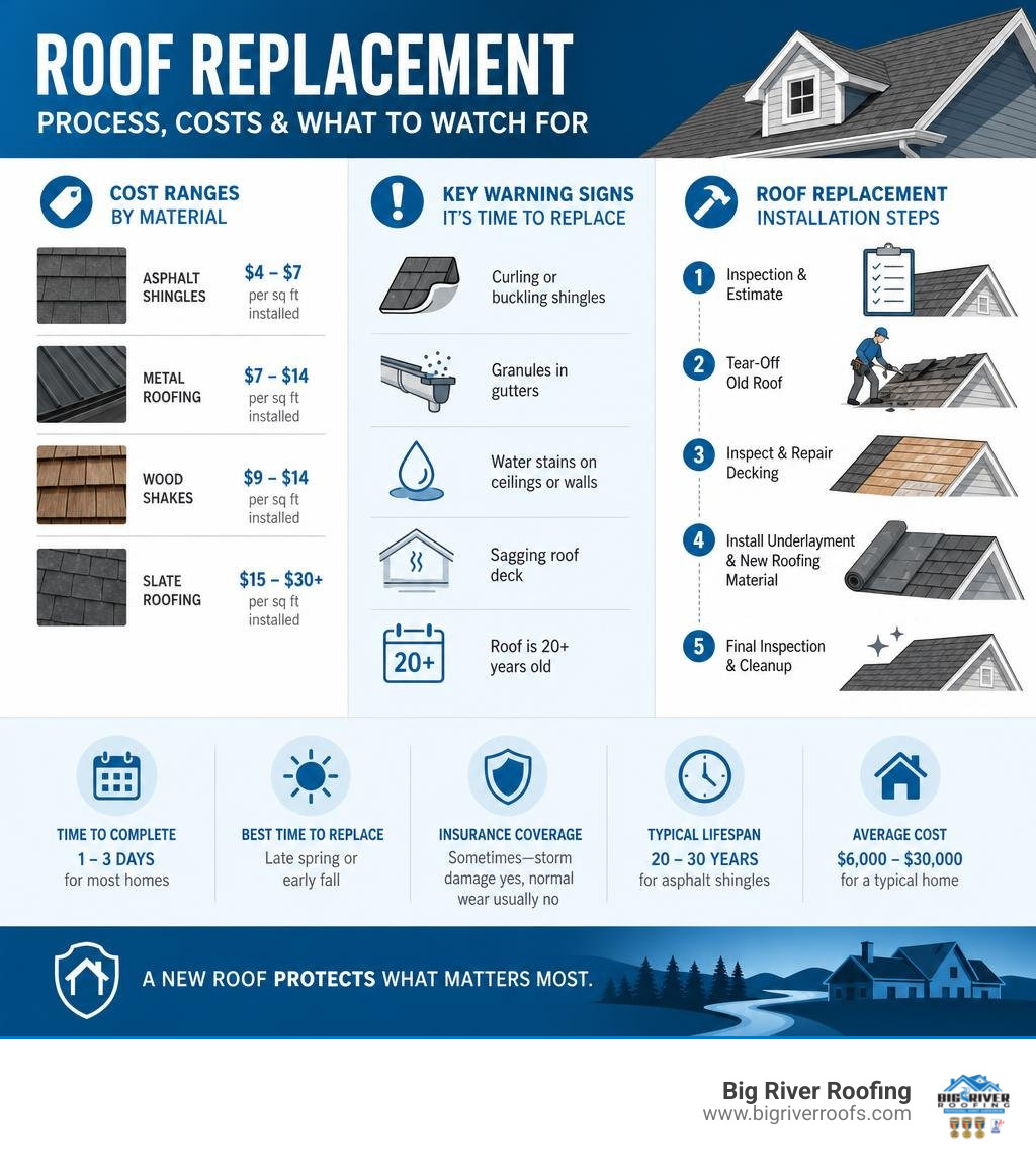 Roof replacement process infographic showing cost ranges by material, key warning signs, and installation steps infographic Roof replacement process infographic showing cost ranges by material, key warning signs, and installation steps infographic