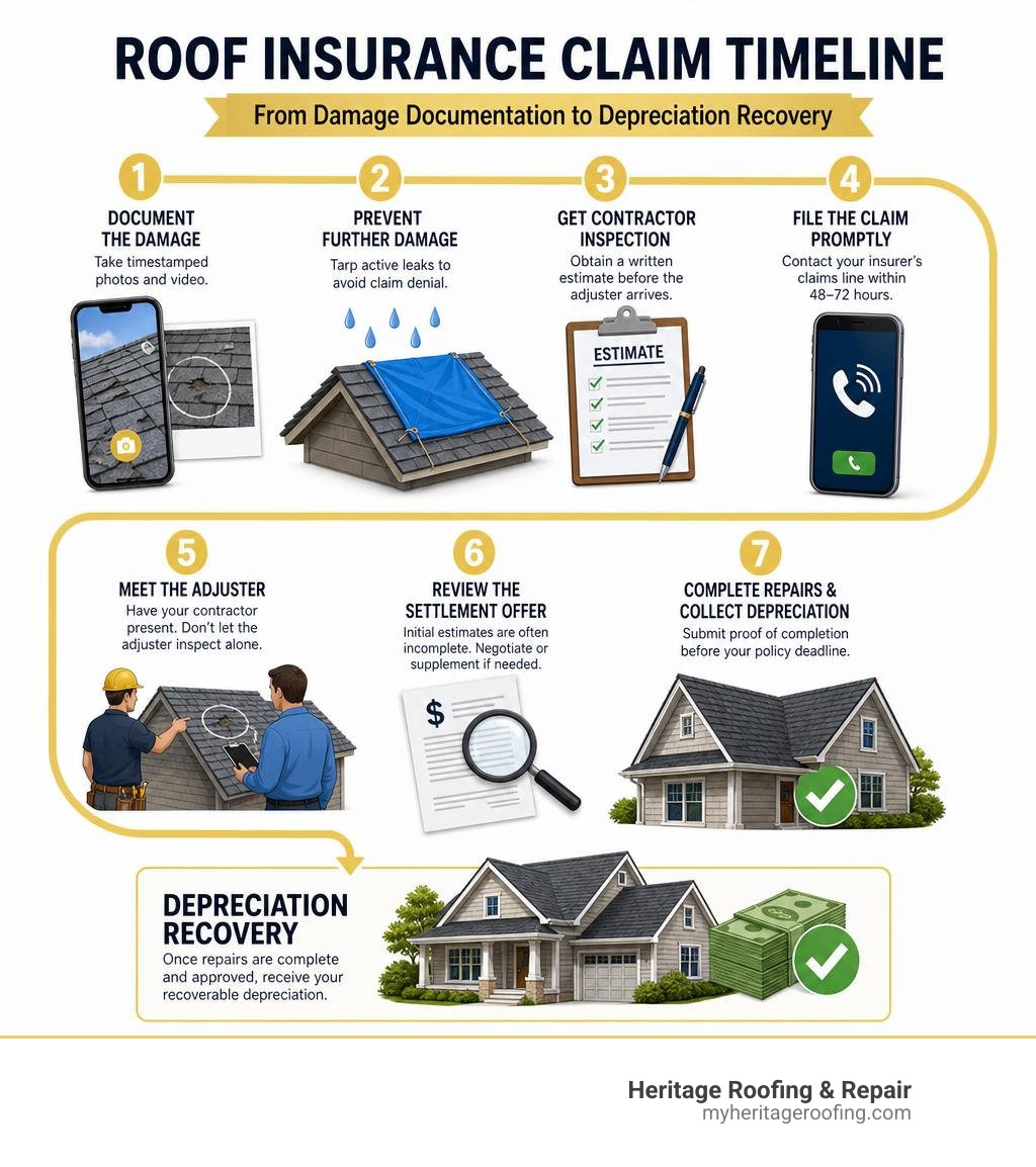 Roof insurance claim timeline infographic from damage documentation to depreciation recovery infographic