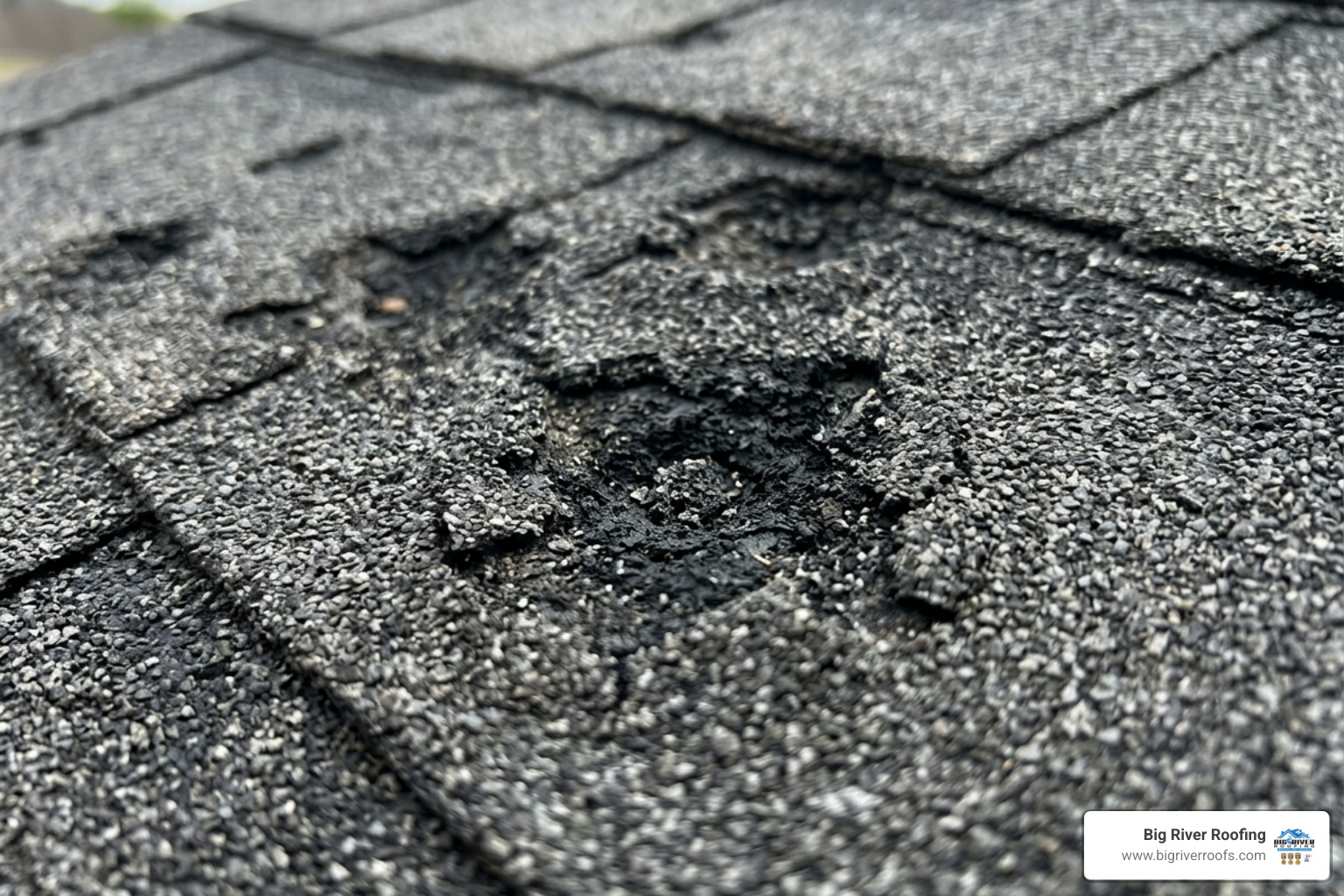hail-damaged shingles showing granule loss and bruised asphalt