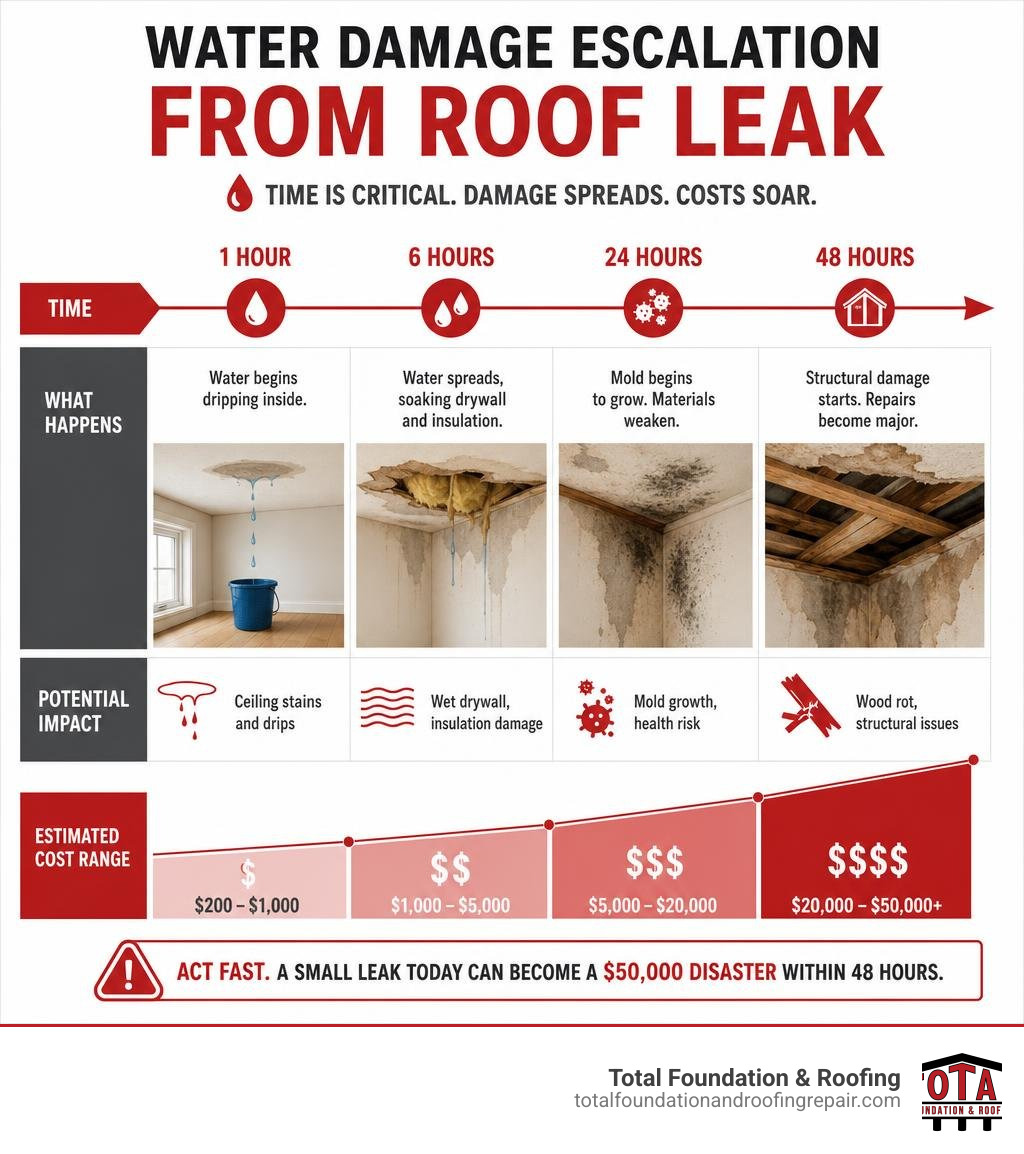 Timeline infographic showing water damage escalation from roof leak: hour 1 to 48 hours with cost estimates infographic Timeline infographic showing water damage escalation from roof leak: hour 1 to 48 hours with cost estimates infographic