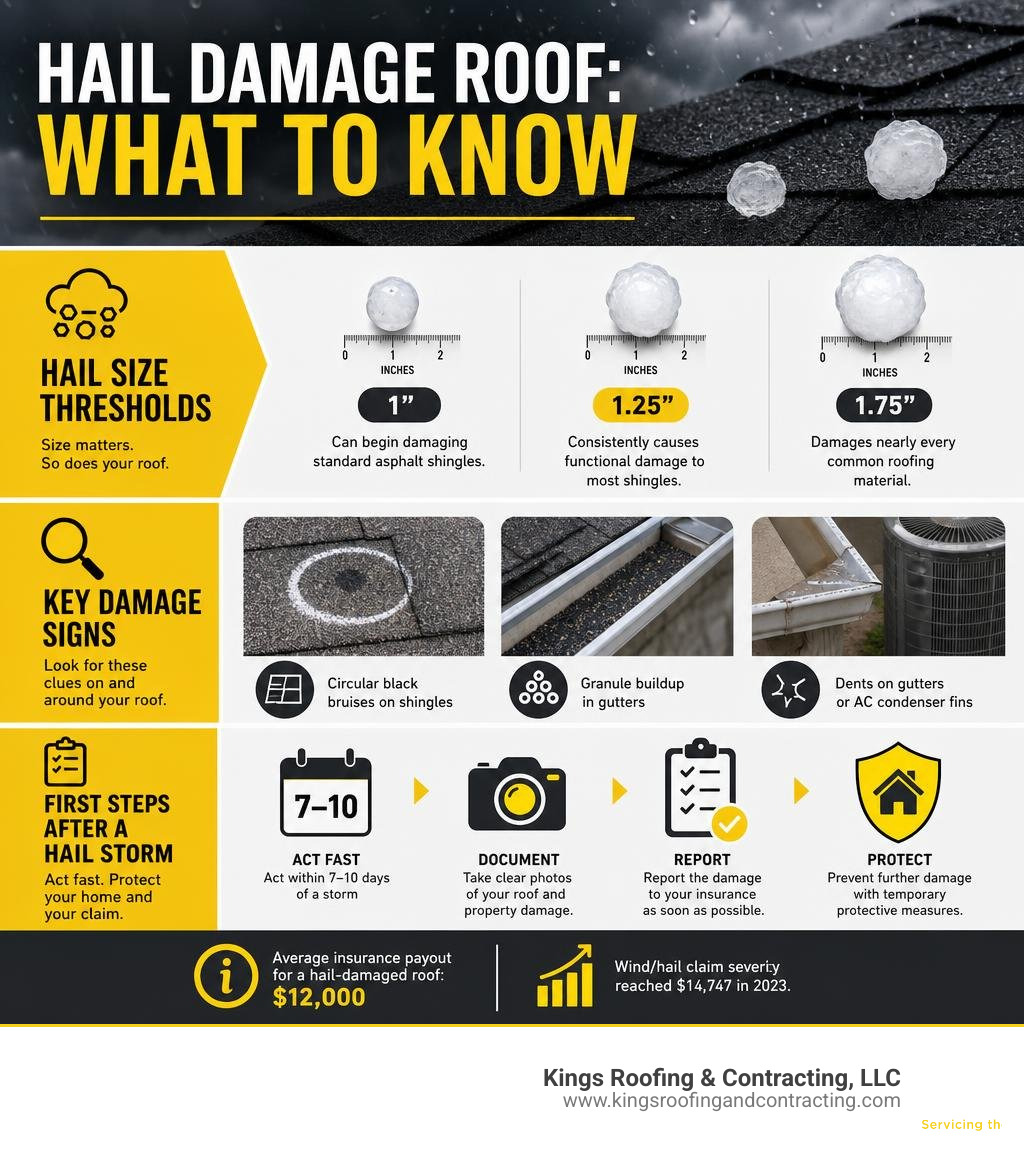 Infographic showing hail size thresholds, key damage signs, and first steps after a hail storm infographic Infographic showing hail size thresholds, key damage signs, and first steps after a hail storm infographic