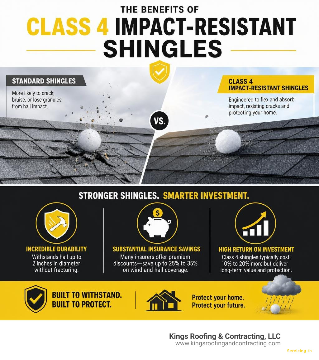 Infographic showcasing the benefit of Class 4 impact resistant shingles infographic Infographic showcasing the benefit of Class 4 impact resistant shingles infographic