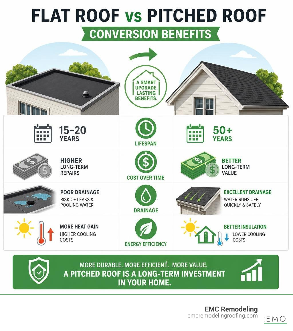 Infographic showing flat roof vs pitched roof conversion benefits including lifespan, cost, drainage, and energy efficiency
