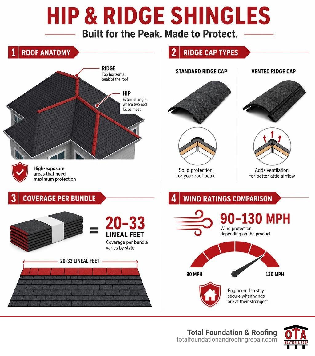 Infographic showing roof anatomy, ridge cap types, coverage per bundle, and wind ratings comparison infographic