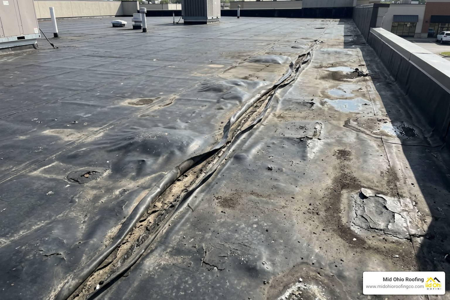 A damaged commercial flat roof membrane showing advanced wear and splitting seams A damaged commercial flat roof membrane showing advanced wear and splitting seams