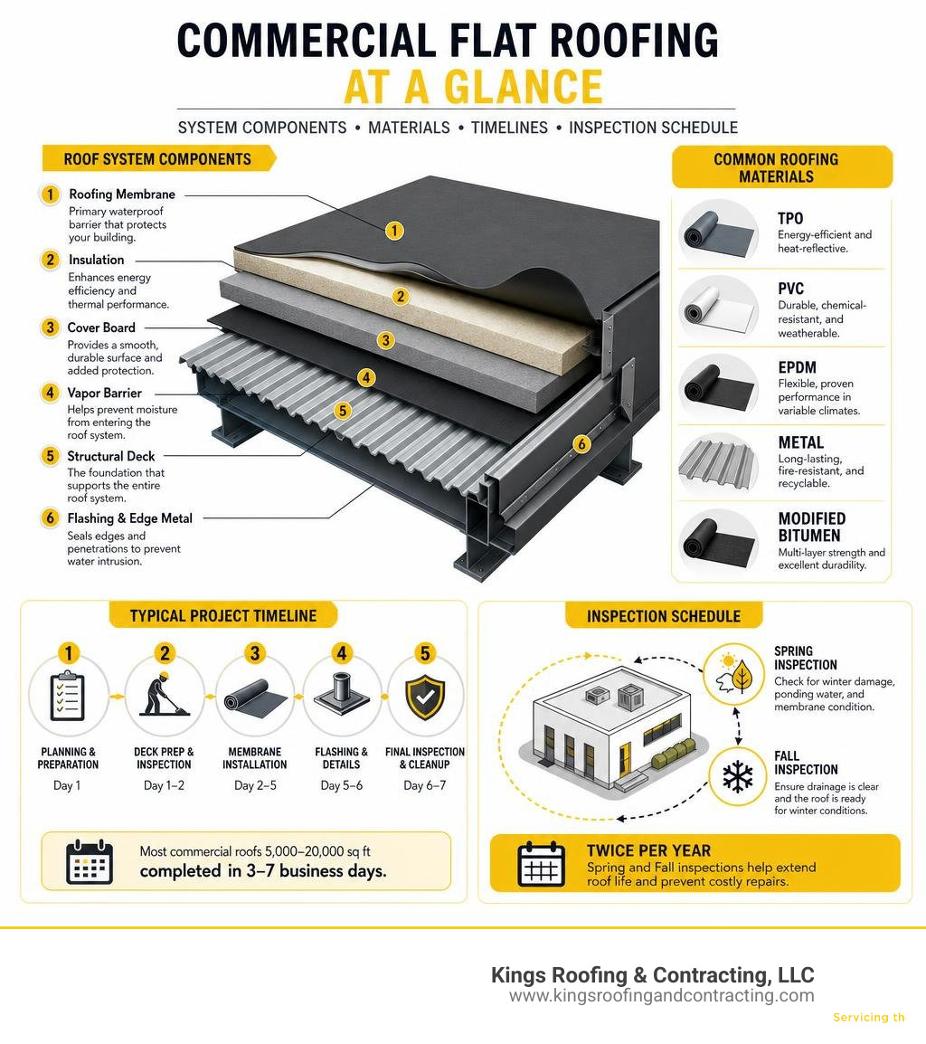 Infographic showing commercial flat roofing system components, materials, timelines, and inspection schedule infographic Infographic showing commercial flat roofing system components, materials, timelines, and inspection schedule infographic